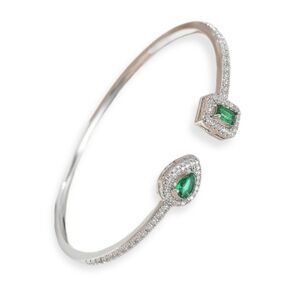 Faux Emerald and Rhinestone Silver Bangle Adjustable